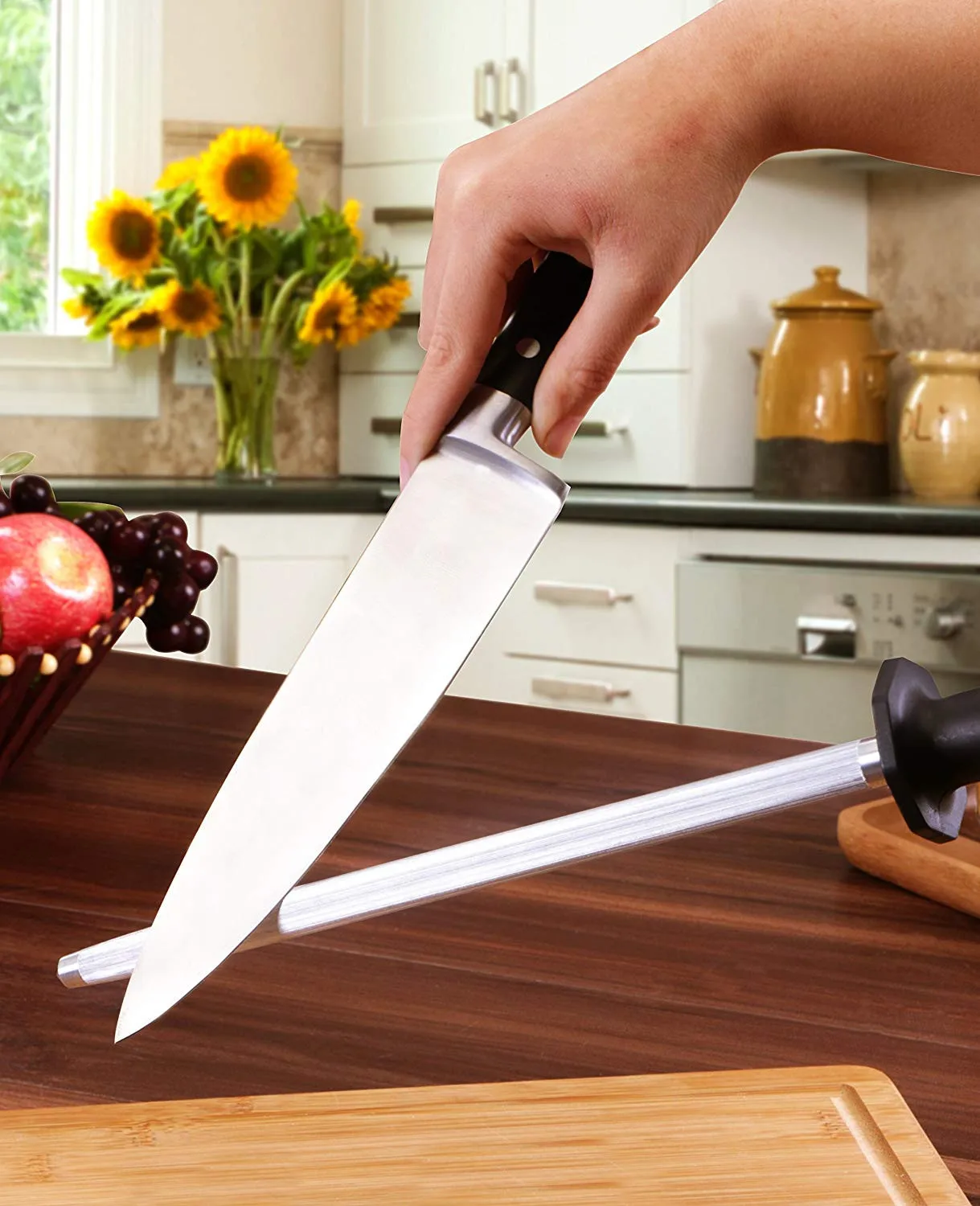 OEM custom 12 inch hand kitchen german knife sharpening steel rod with black PP plastic handle