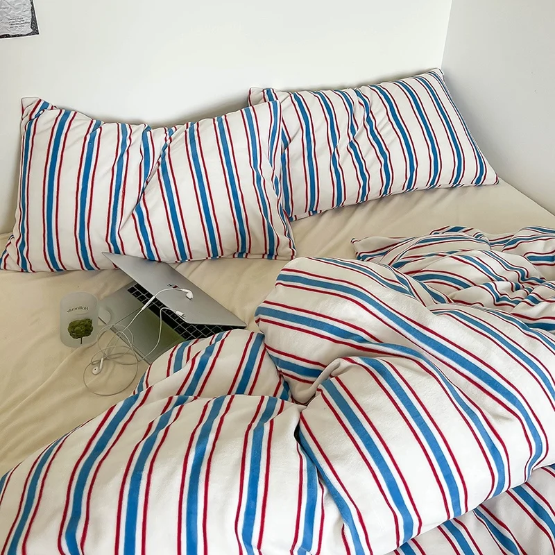 Most Selling Products Thick Blue Striped Pattern Milk Fleece bed cover duvet bedding bed sheets set