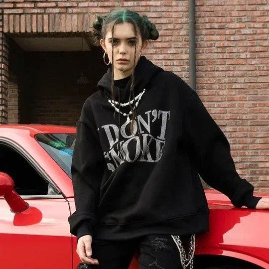 
custom logo pull over oversize unisex black streetwear hip pop high quality diamond boxy rhinestone hoodies transfer 