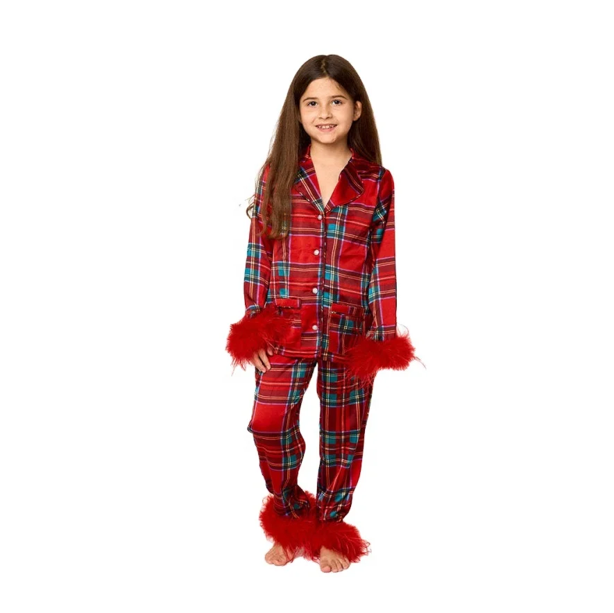 Customization Girls New Long Sleeve Christmas Pajamas Button Sleepwear Pjs Set Two Piece Loungewear Feather Trim Women Pajamas