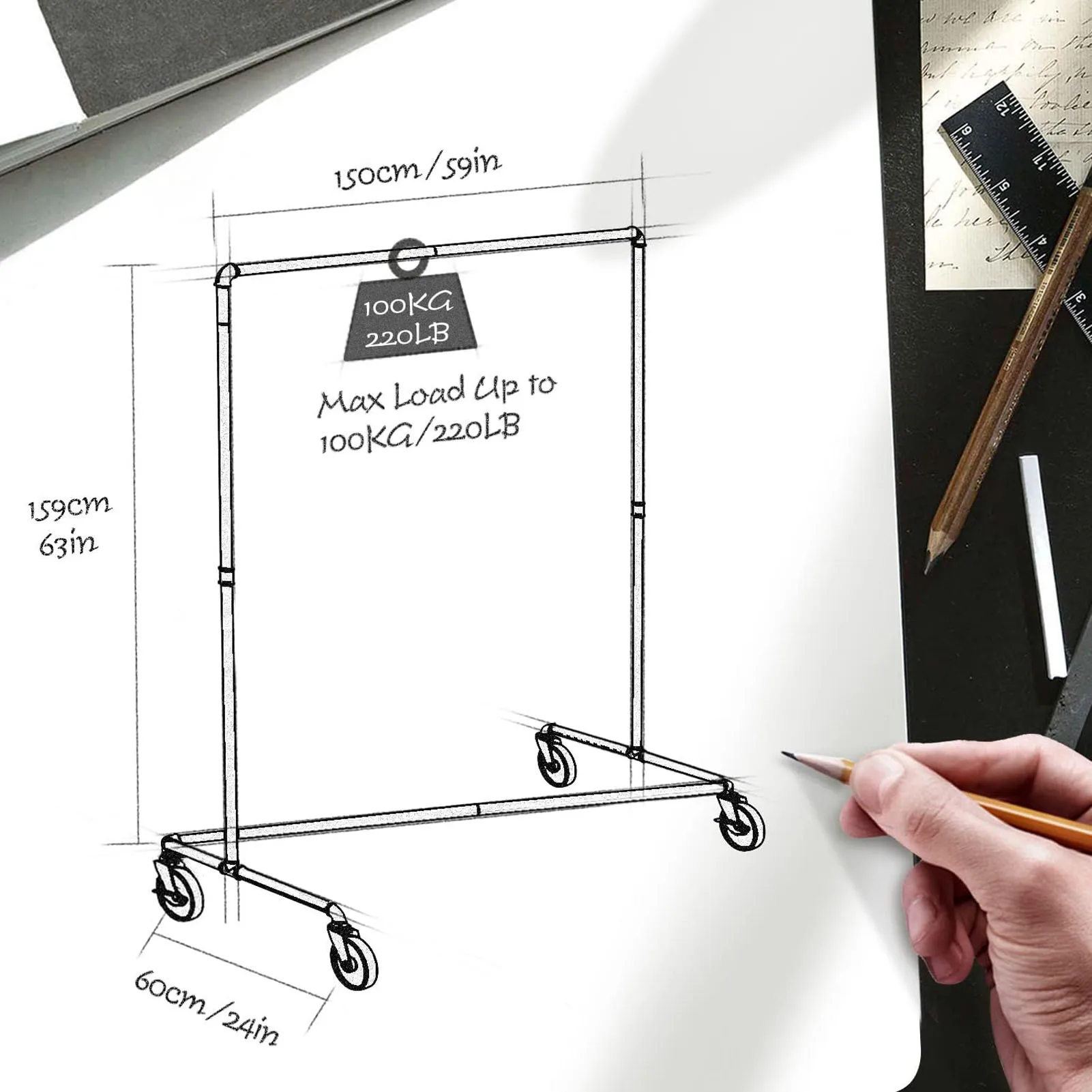 Heavy Duty Sturdy Metal Rolling Clothing Coat Rack Holder Garment Rack Industrial Pipe Clothing Rack on Wheels with Brakes