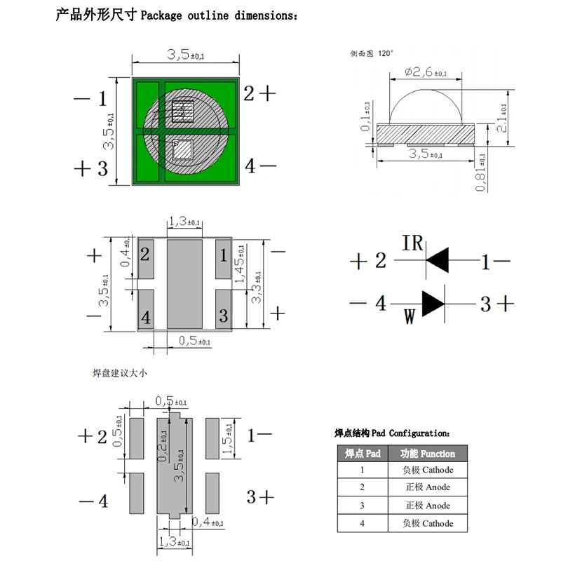 High-Power 1W 2w LED Patch Lamp Bead Double Infrared 850nm and White Light Source 1W 3535 SMD LED with ROHS Certification