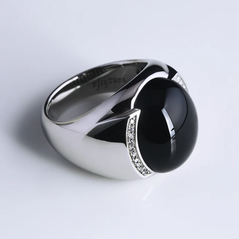 Custom Vintage Simple White Gold Natural Gemstone Rings For Man Laboratory Diamond 925 Sterling Silver Black Agate Male Ring