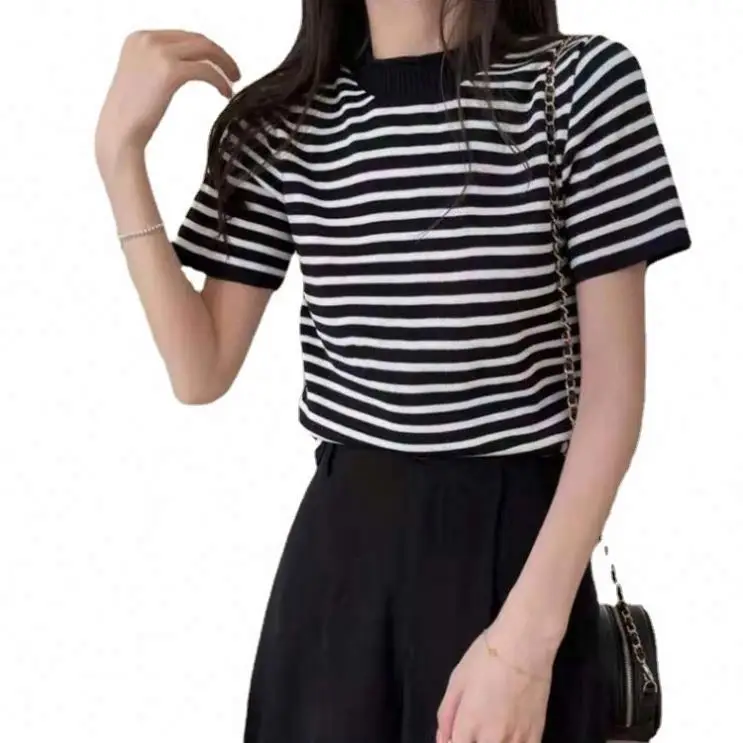 Striped Short Sleeve Women Sweater Spring Thin New Fashion Knit Round Collar Tops Knitted Clothes Casual Knitwear