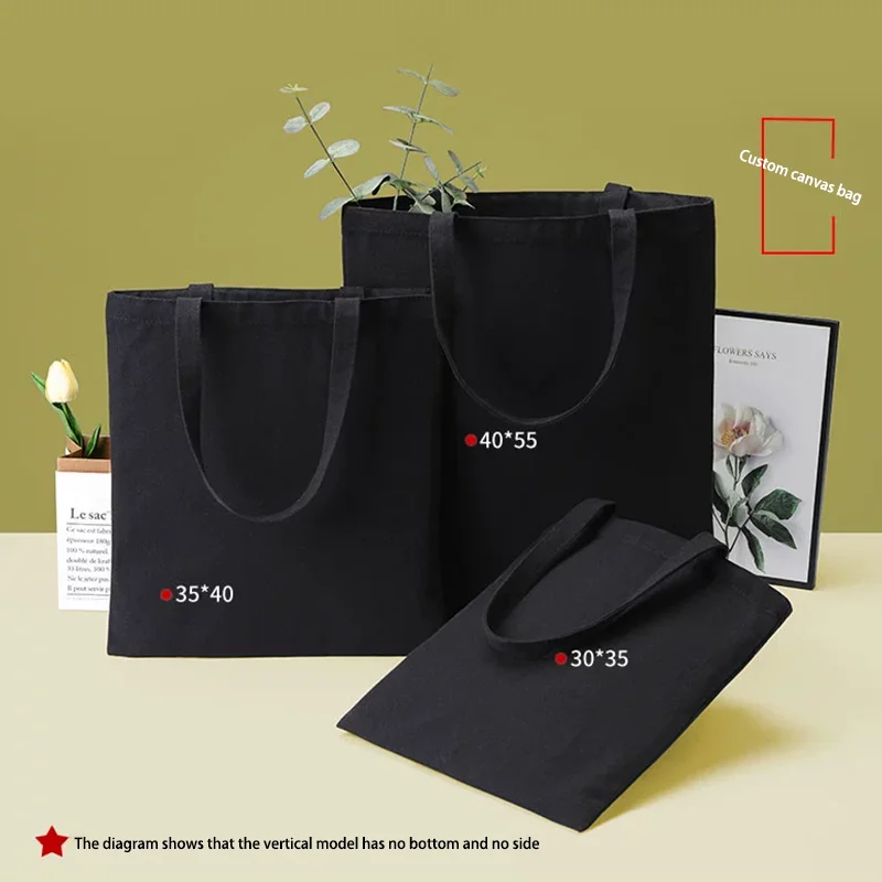 Custom Printed Large Capacity Black Canvas Cotton Shopping Cotton Tote Shoulder Bag
