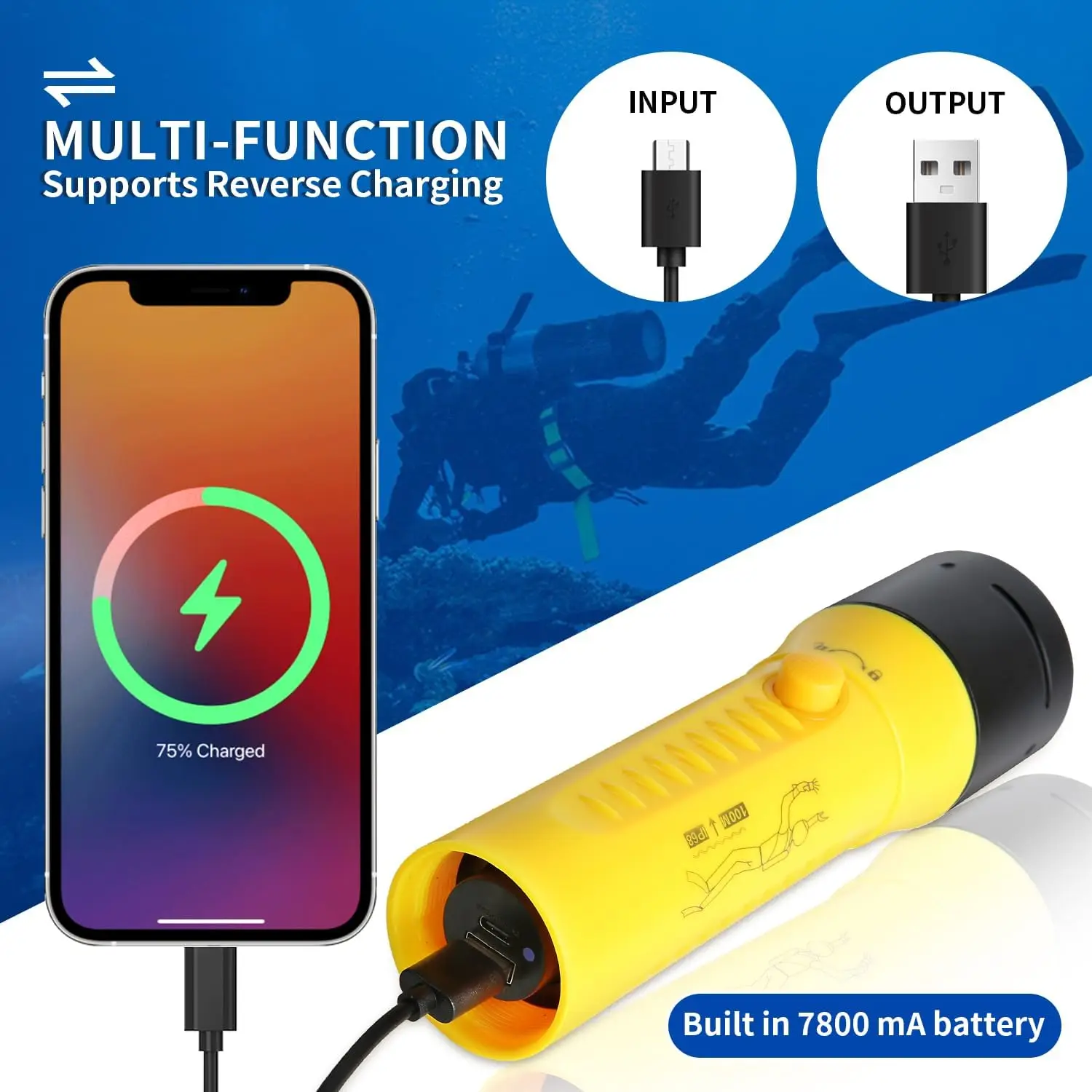 linterna de buceo Waterproof 100m Underwater Led Diving Flashlight for Scuba Diving and Underwater Hunting Industrial Use