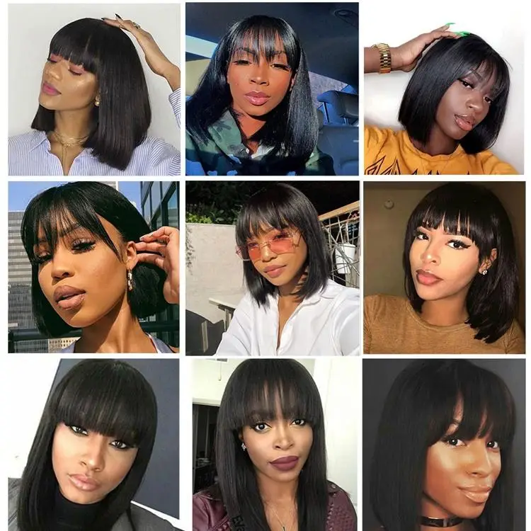 Straight Bob Human Hair Wigs with Bangs Short Brazilian Hair Bob Wigs for Woman No Lace Full Machine Made Human Hair Wigs Long