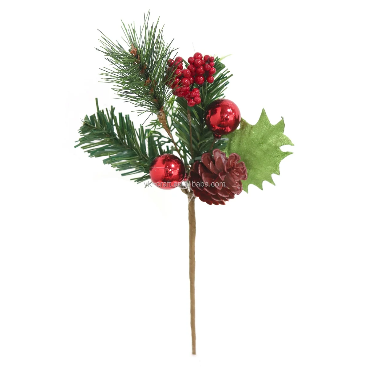 Hot Selling Red Berry Christmas Pick Greenery Pine Needle Pick With Leaves Xmas Floral Flowers Pick For Decor