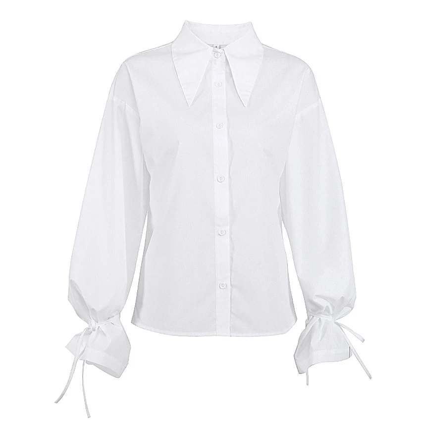 OOTN Female Loose Autumn Work Casual Korean Turn-Down Collar Long Sleeve Lace Up Shirt  Elegant White  Shirts for Women