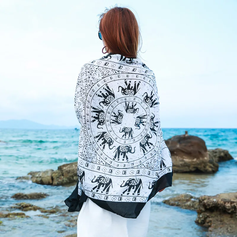 summer ethnic style fringed travel scarf seaside shawls Elephant print sunscreen holiday shawl beach scarf