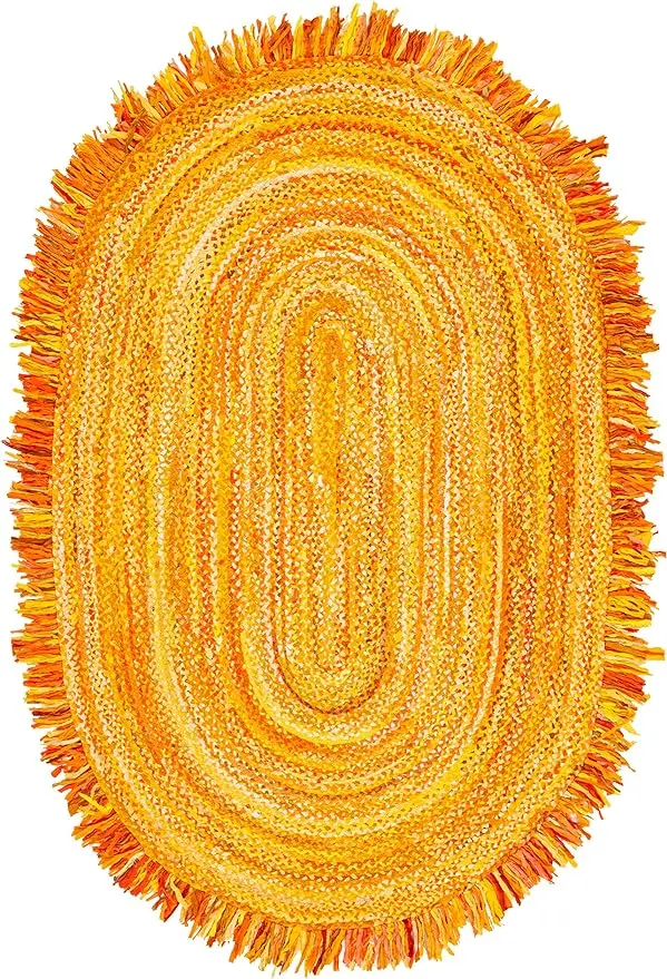 Handmade 100% Jute Designer Embroidered Rug Yellow Oval Shape with Fringes for Living Room Bedroom Prayer Car Decor