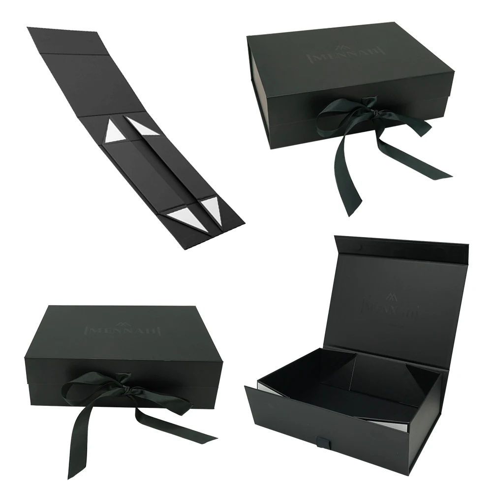 Custom Logo Matte Black Rigid Ribbon Bow Magnetic Closure Gift Boxes Packaging Luxury Foldable Magnetic Folding Box