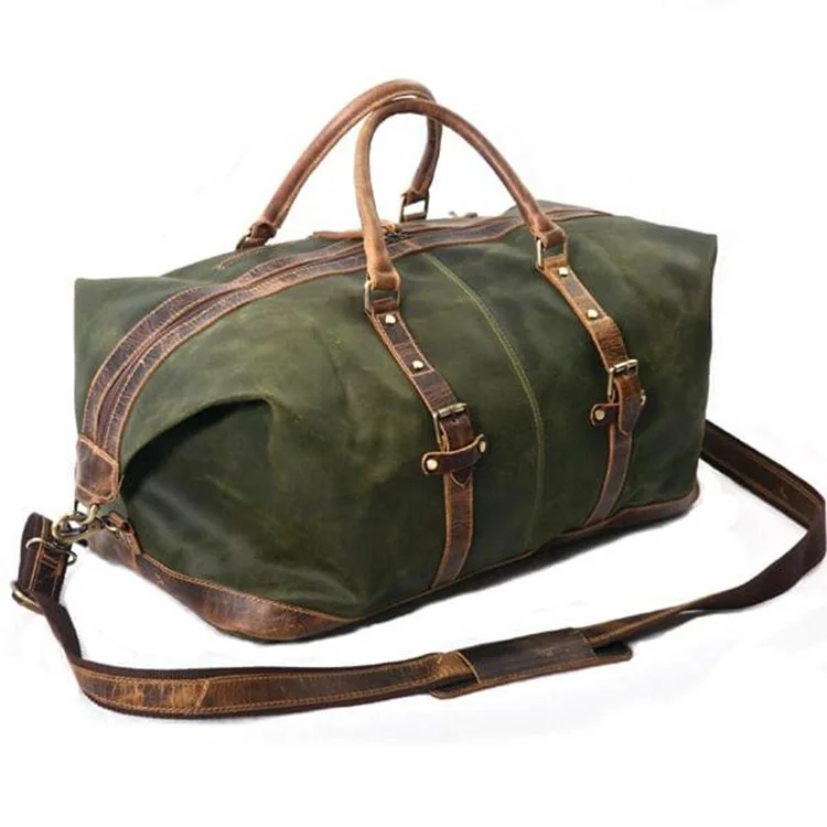 YIMYIK Wholesale Portable Canvas Bag PU Leather Travel Fitness Luggage Green Duffel Bag