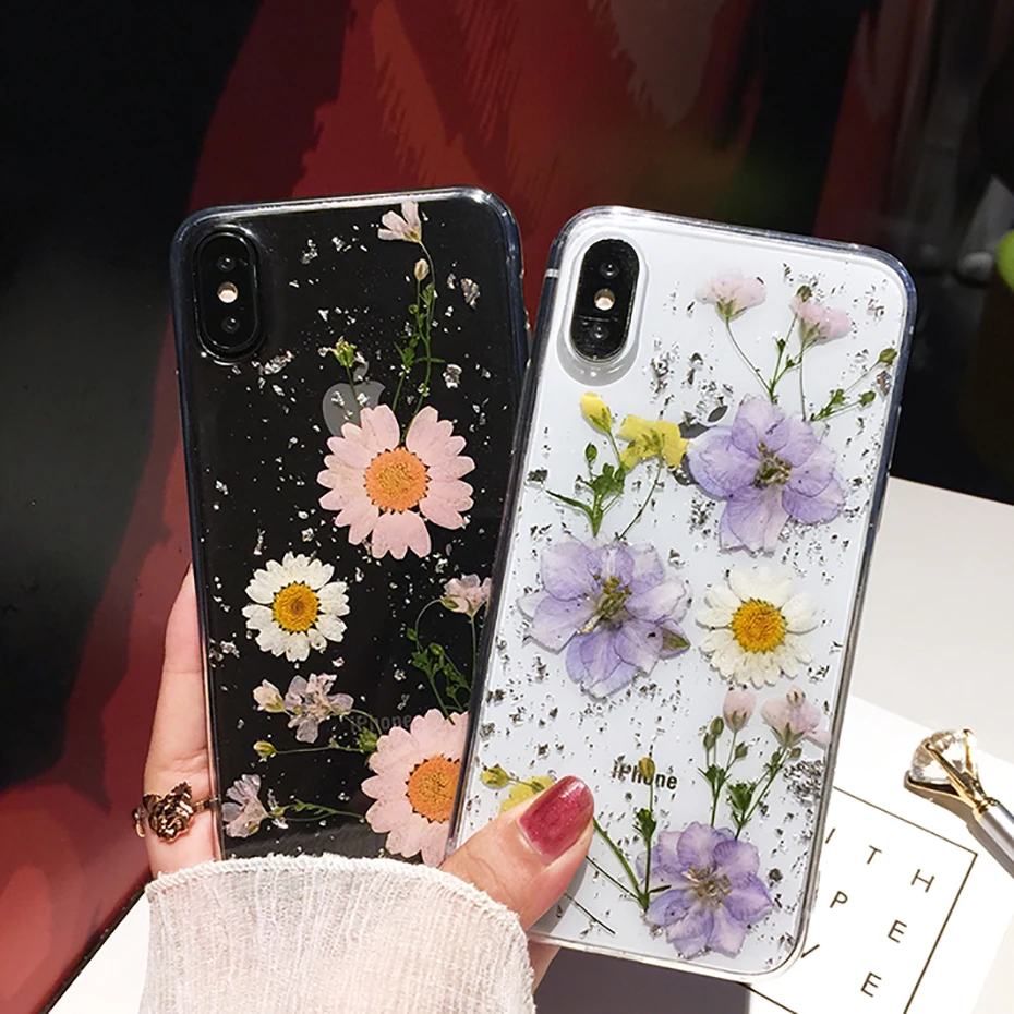 New dried flower phone case for iphone 12 dry flowers case tpu clear phone case bling glitter cover