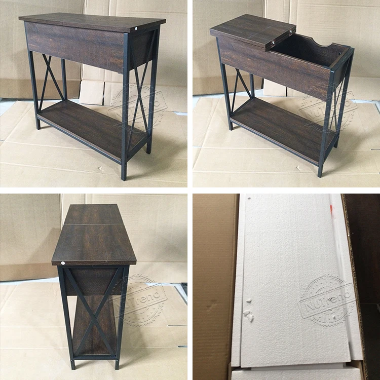 Industrial Antique Wood Metal Living Room Sofa Accent End Table Modern Black USB Port Charging Chair side Table