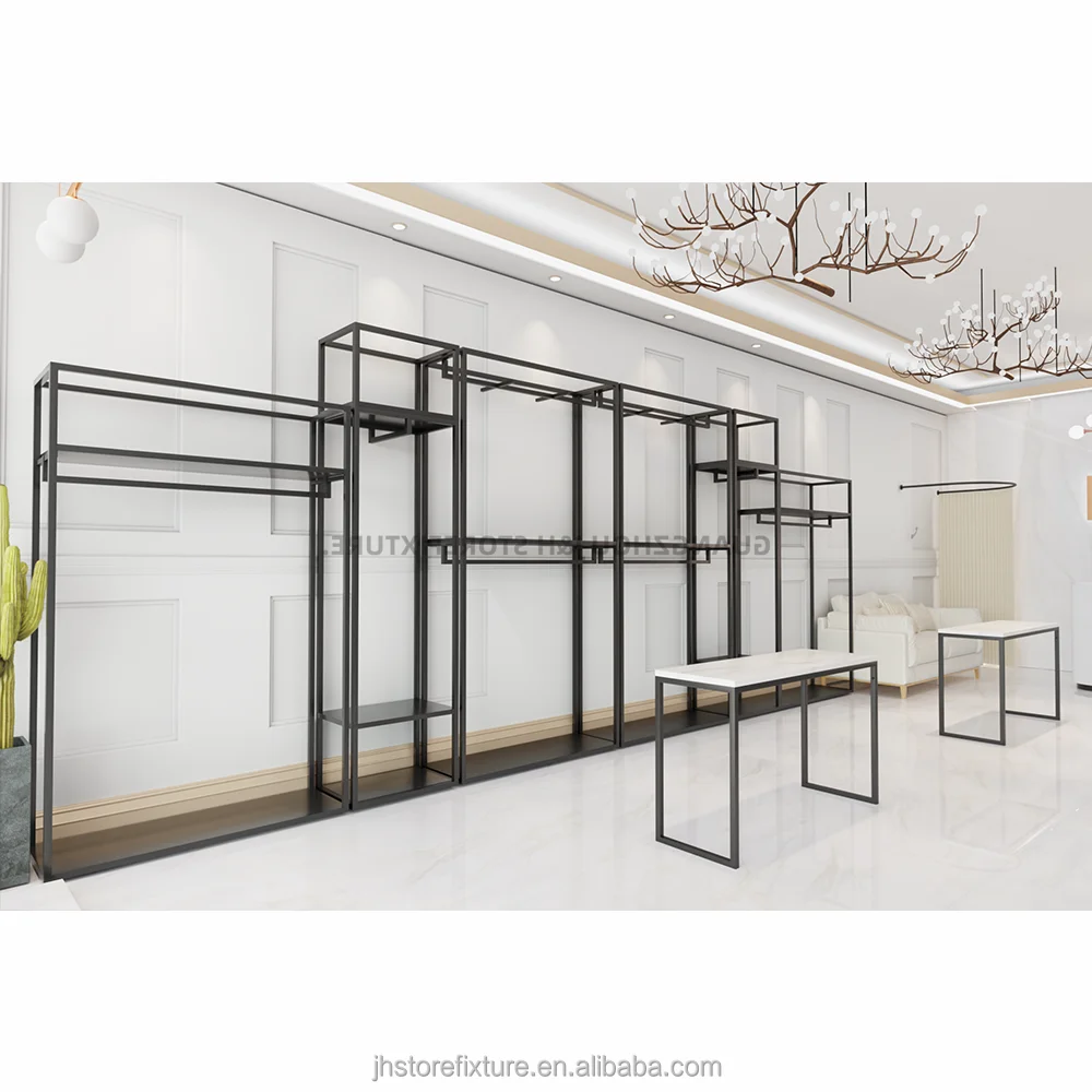 Fashion beauty store interior designed fixtures black custom women clothing display rack equipment shoes table stand
