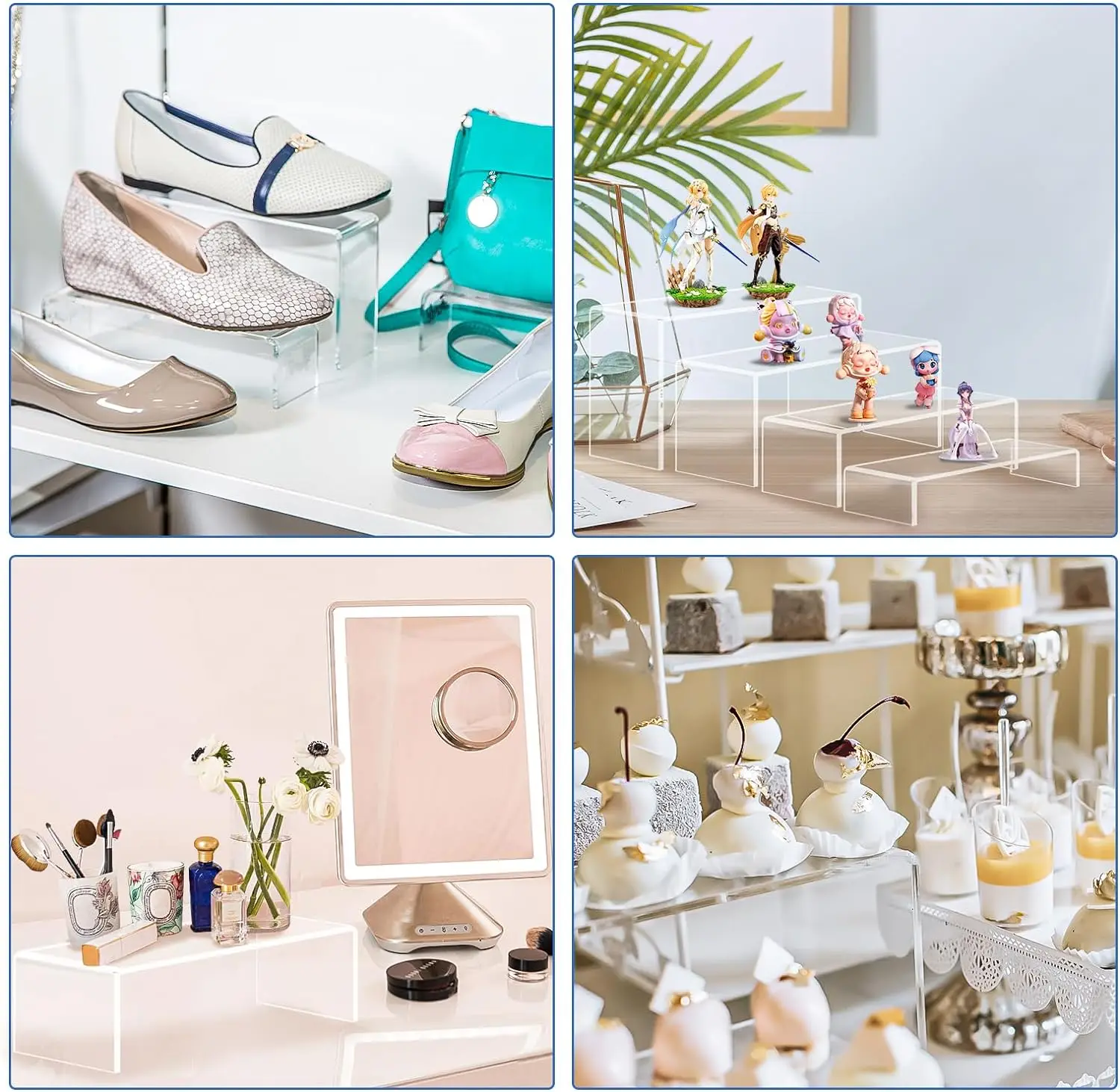 8 Pcs 2 Set Acrylic Display Set Rectangular Stands Shelf Clear Display Risers, Cake and Pop Shelves Retail Showcase(1-3-4-5IN)