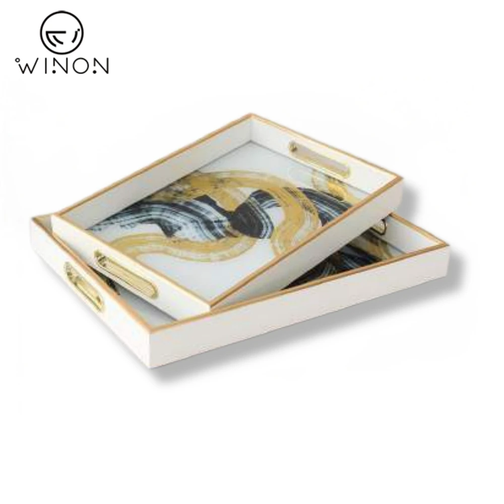 Crazy price MDF With UV Mirror Rectangle Sharp Display Serving Tray 2pcs Set With Handle For Jewelry  and Cosmetics