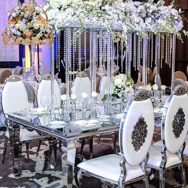 Mirror Glass Wedding Dining Table Stainless Steel Base Dining Table