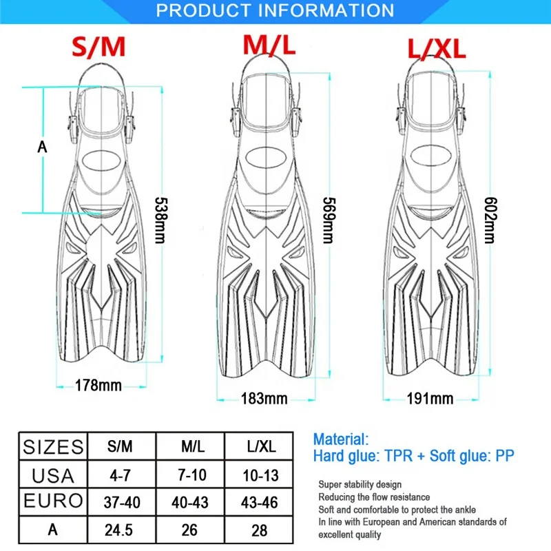 Custom Logo Fliper 62CM Open Heel Adjustable Strap Long PP TPR Rubber Deep Sea Diving Fins