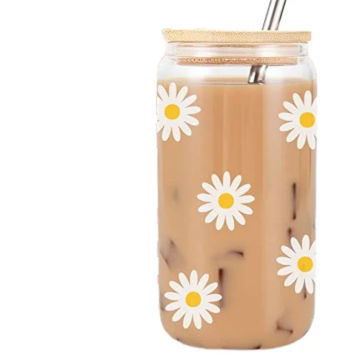 USA Warehouse floral 16oz DIY blank sublimation Can Shaped Beer Glass Cup with bamboo lid and straw beer can glass for iced coke