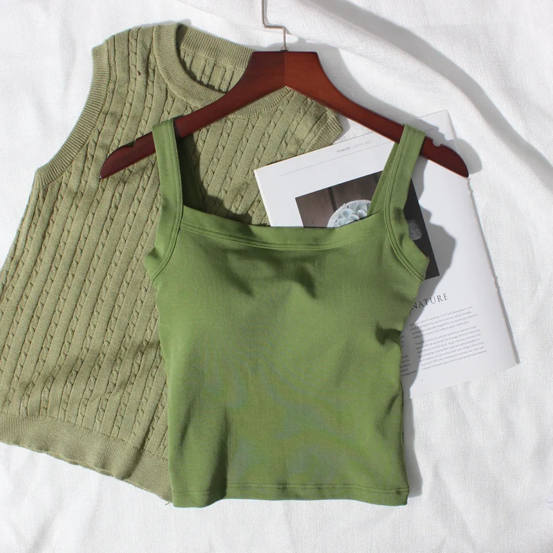 Slim strap integrated bra with thin top, inner layer with chest pad, square collar, outer wearing vest