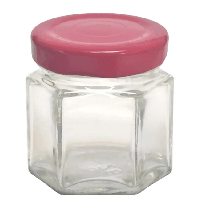 Hot Design 1.5oz 45ml Hexagonal Mini Glass Screwtop Jar with Pink Aluminum Lid manufacturer