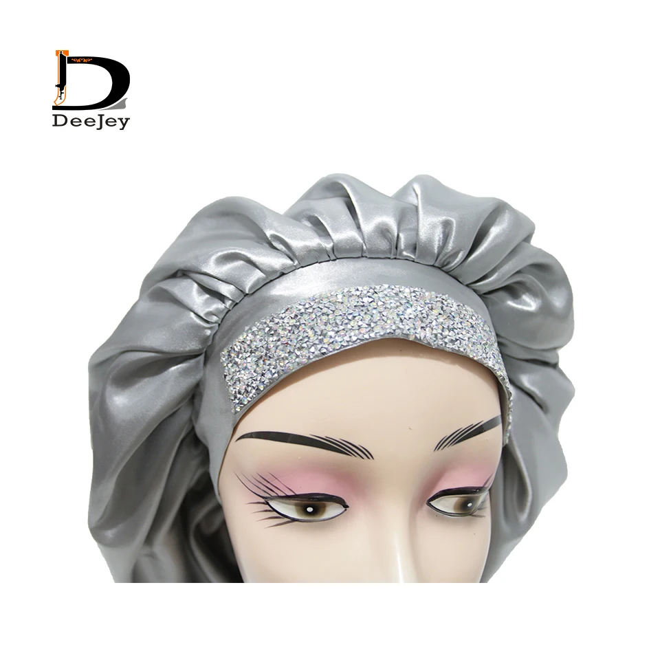 Custom Logo Glitter Diamond Satin Bonnets with Rhinestone Band Double Layer Bonnets and Satin Hair Edge Wraps