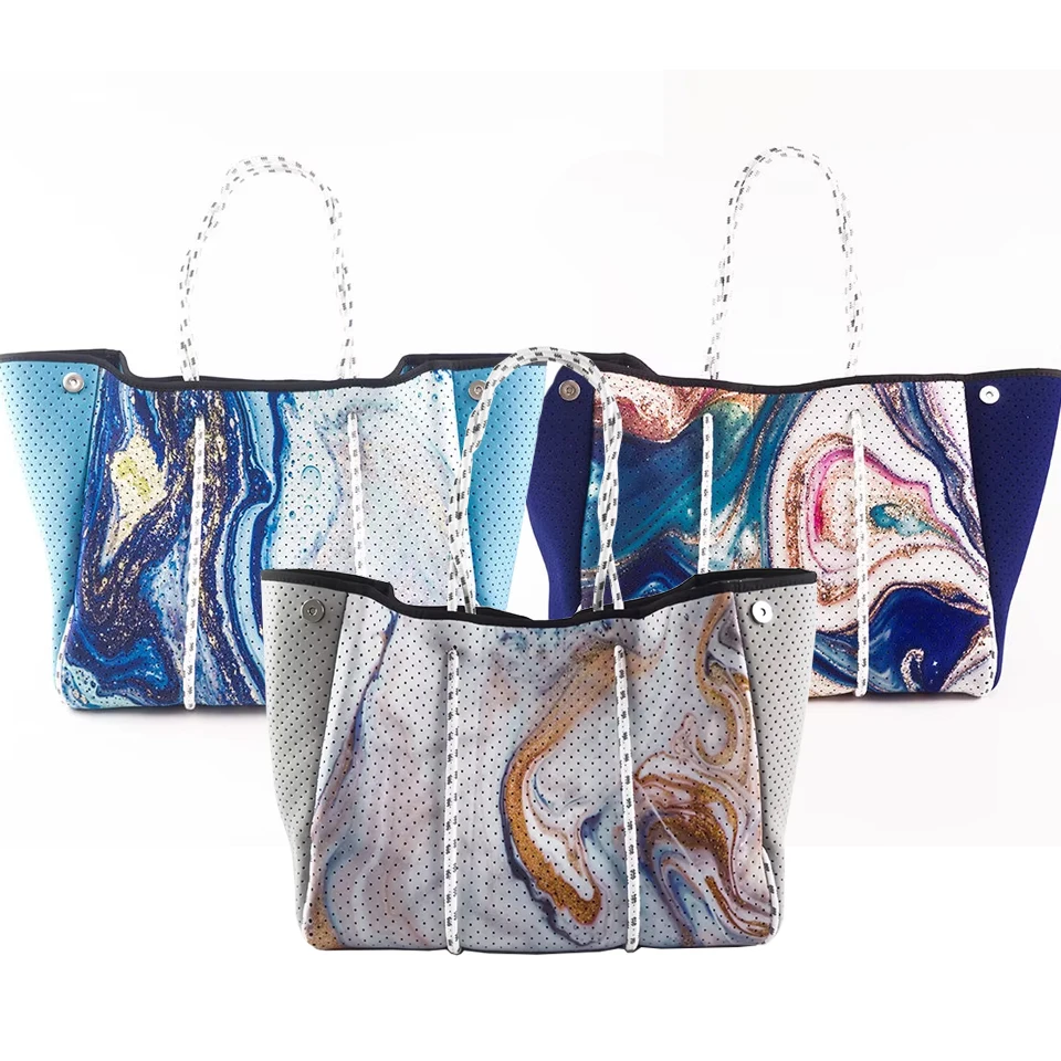 Custom printed logo Deer Animal Perforated Carrying Sea Neoprene Beach Tote Bag Handbag Summer Neoprene Bags For Women