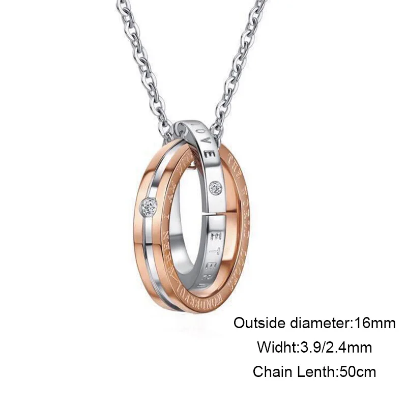 New Double Ring Lovers Pendant Necklace Carving Letters Fashion Accessories Stainless Steel Creative Jewelry For Men And Women