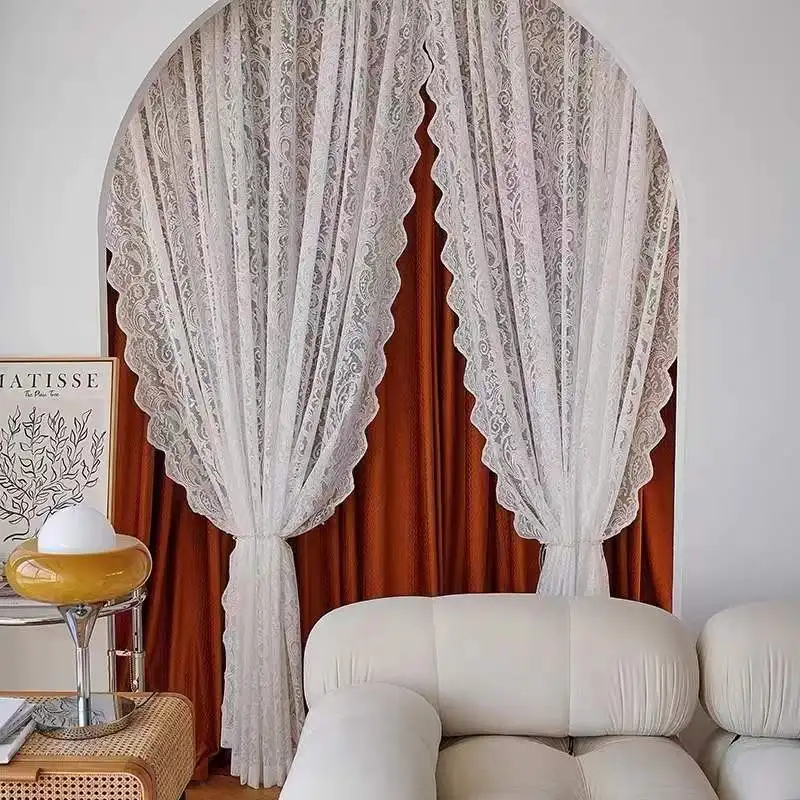 White Tulle French Pastoral Beaded Lace Curtain,Online Natural Light White Net Curtain Transparent