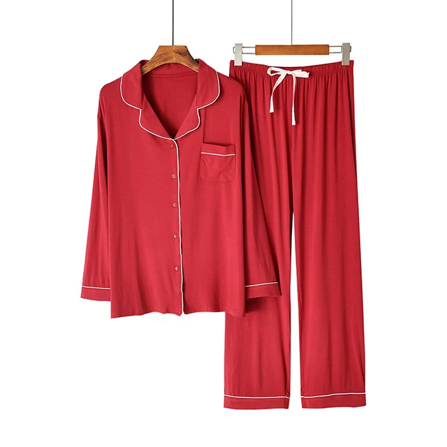 plain dyed knitted bamboo pajama set for women