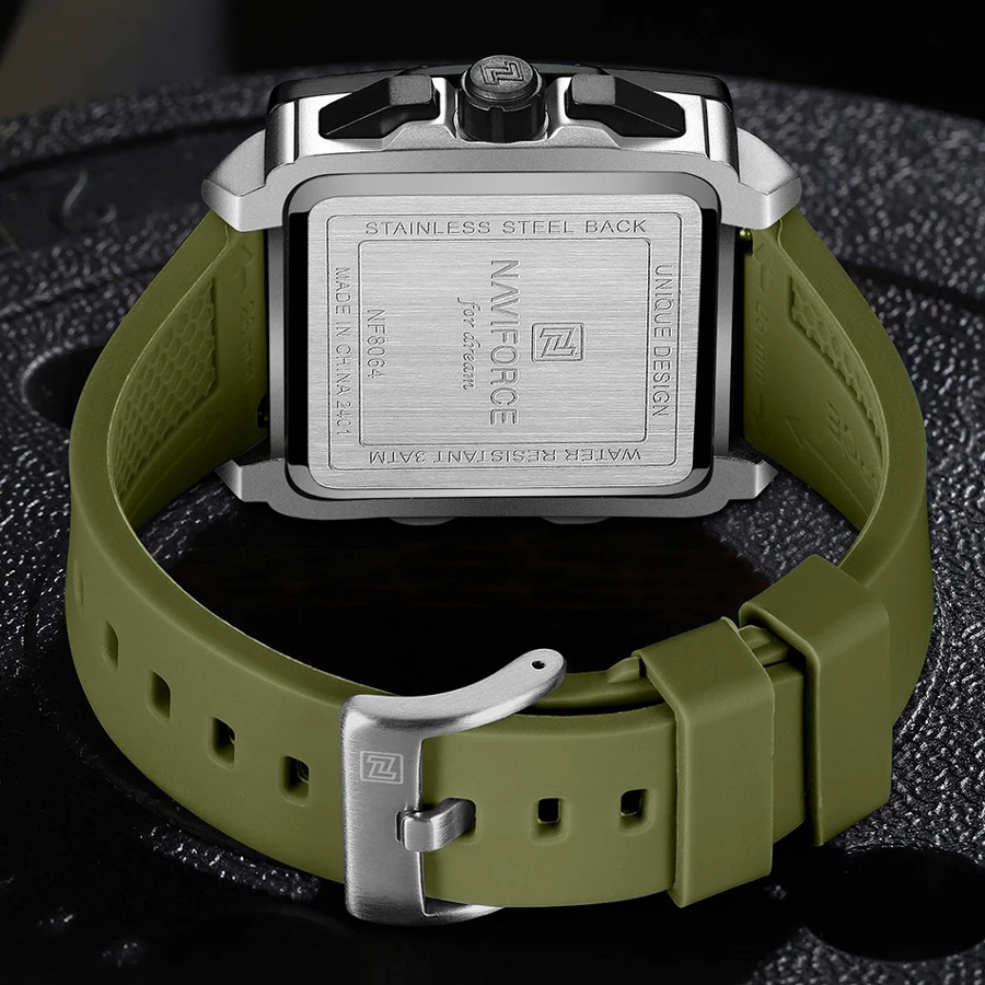 8064 серебристо-зеленые часы NAVIFORCE квадратные модные спортивные оригинальные наручные с хронографом и светящимися руками