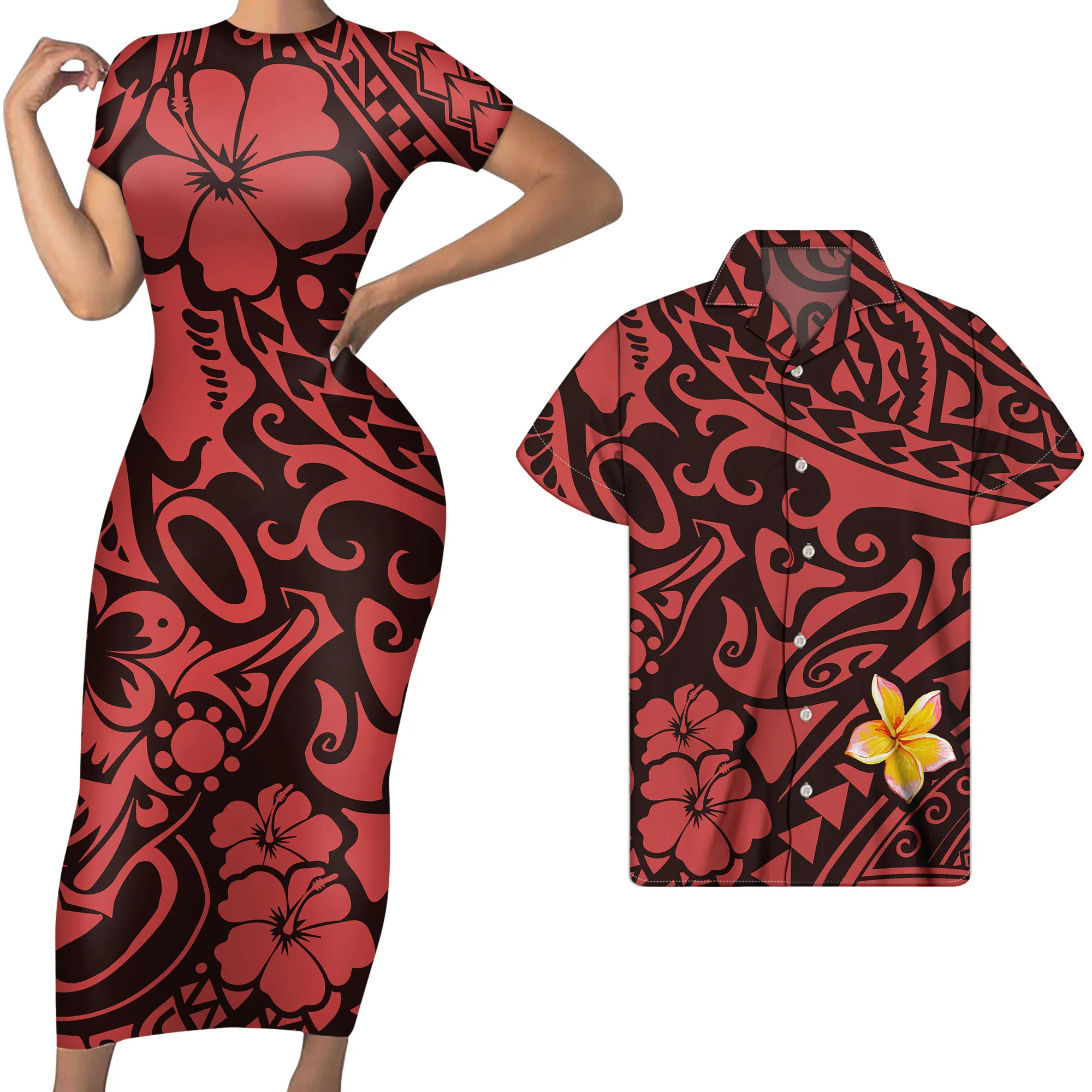 
big hibiscus design bangdage dress bodycon plus-size dresses matching summer beach men shirt custom couple clothing sets 