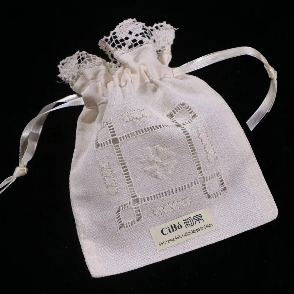 B015 Cream Ramie cotton  Hand embroidery Gift bags Sachet bags Travel pouch  Drawstring bag