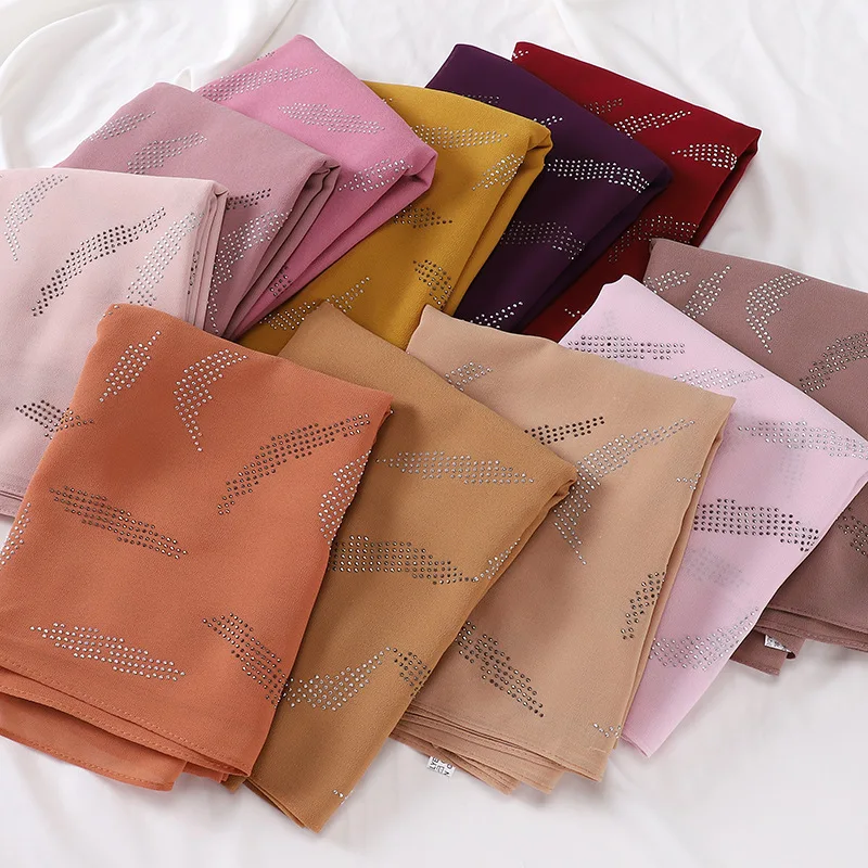 High Quality Chiffon Hijab Scarf Islamic Muslim Malaysia Indonesia Solid Color Rhinestone Chiffon Hijab Scarf