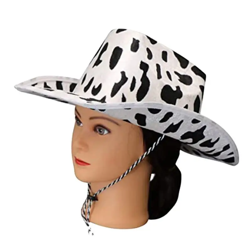 Professional Designer Milk Print Cotton Yarn outdoor large brim Cowboy Hat Western Cow Pattern Double Fleece Shaped Cowgirl Hat