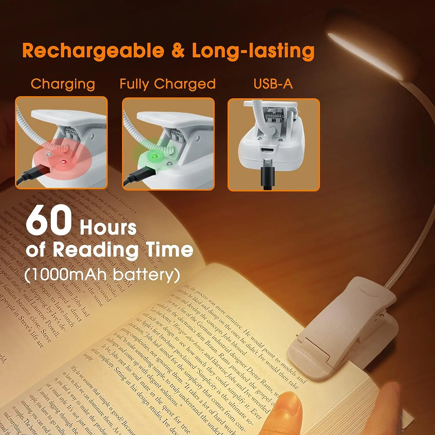 LOHAS LED Clip On Read Lights 4 Brightness Dimmable Design White Color Usb Rechargeable Book Clip Lights for Reading