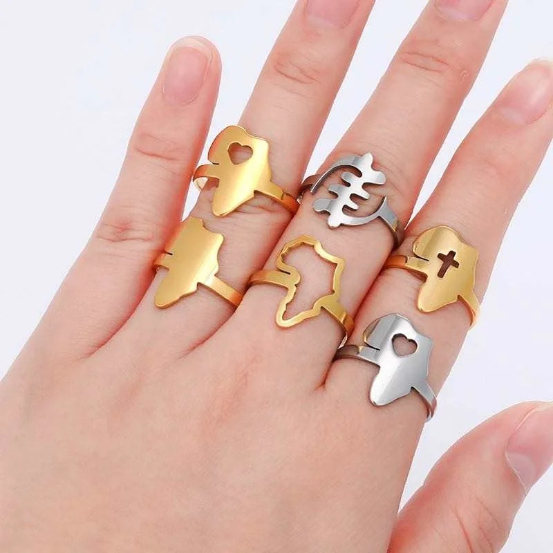 Wholesale fashion hot sale stainless steel jewelry 18k gold adjustable Africa map ring