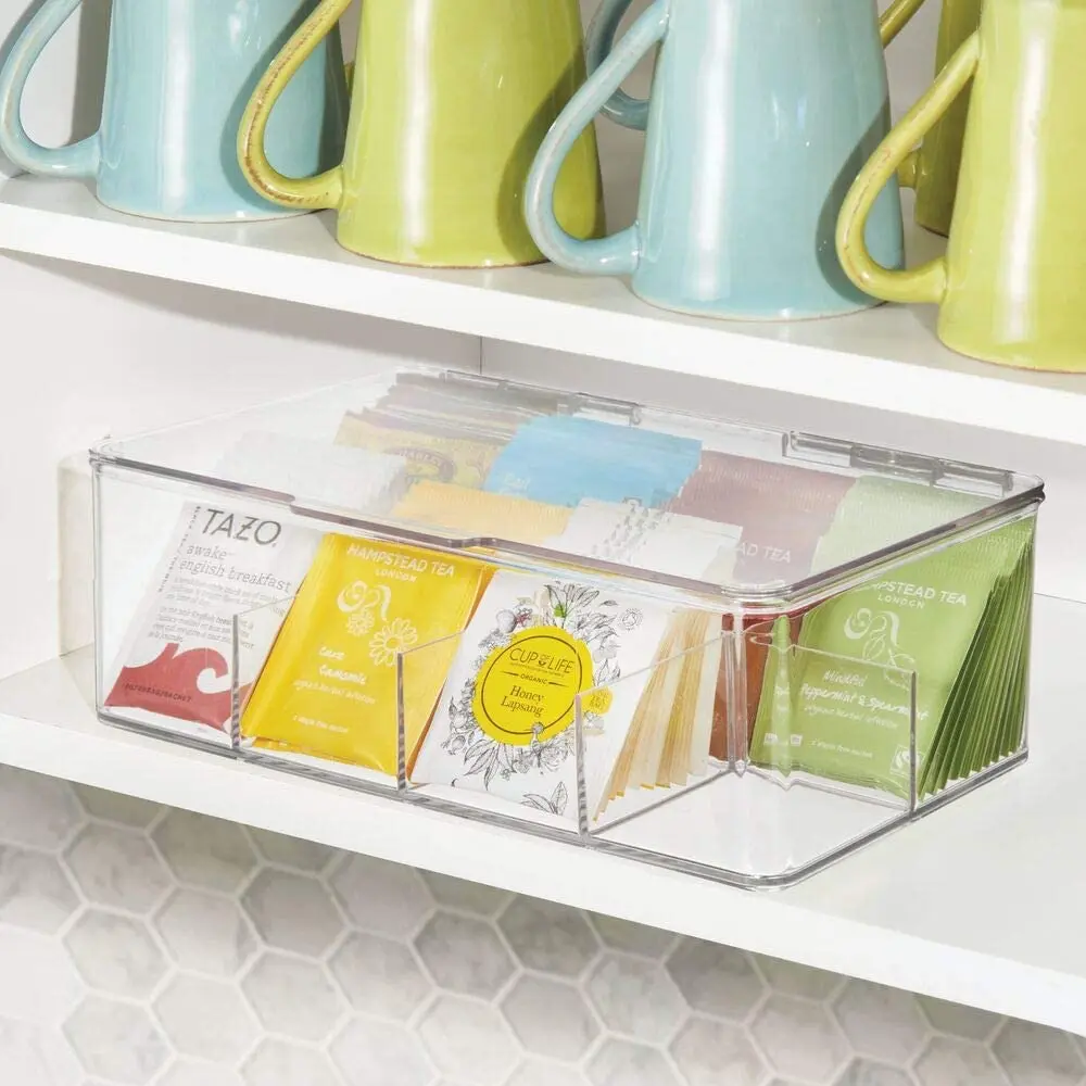 Clear BPA free Stackable Plastic Tea Bag Holder Storage Bin Box with Clear Top Lid