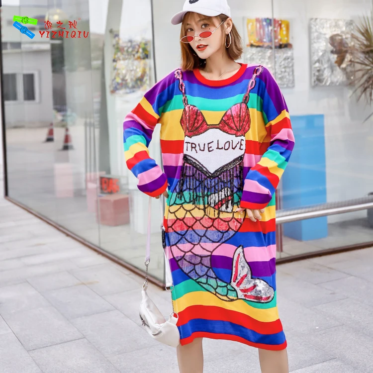 YIZHIQIU casual sequin mermaid rainbow striped winter women long sleeve sweater dress 2019