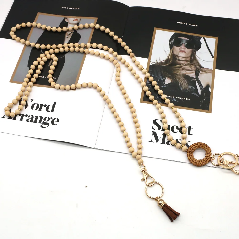 Wholesale Brown Exquisite Workmanship Wooden Bead Necklace Lanyard Keychain rope phone strap