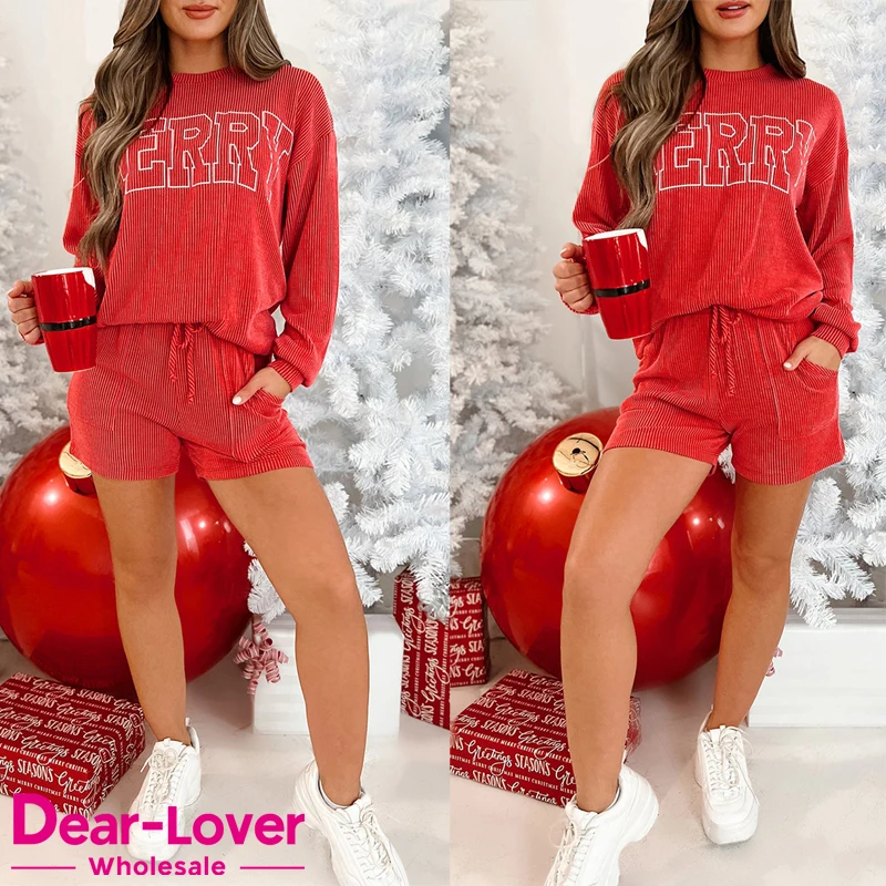 Dear-Lover Wholesale OEM ODM Corded Christmas Letter Graphic Knitted Casual Corded Long Sleeve Top And Pants Two Piece Set