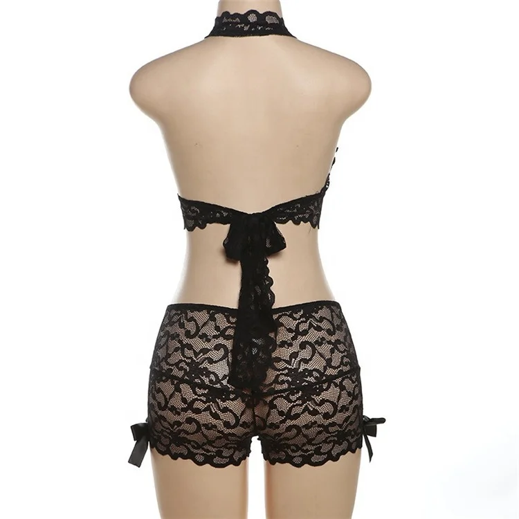 Summer Lace Sheer Sexy Bow 2 Piece Set Midnight Clubwear For Woman 2024 Halter Backless Bra Tops And Shorts Matching Set