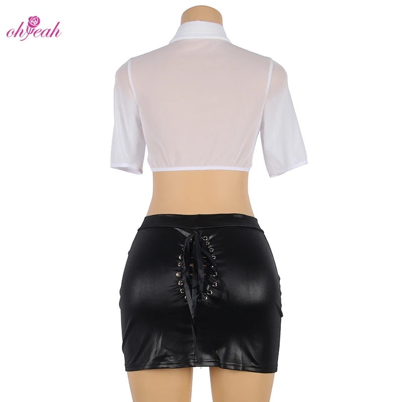 Leather Skirt Open Breast Shirt Transparent Secretary Sexy Costumes Mature Women Cosplay Costumes Adult Sexy Lingerie Set