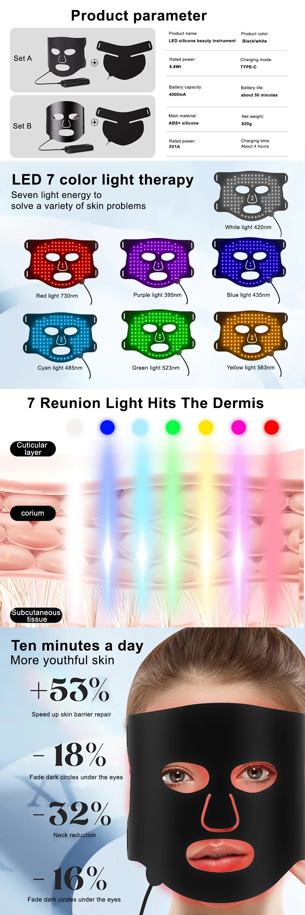 Facial Tool Skin Rejuvenation Anti Acne Wrinkle Removal Led Face Mask Photon Therapy Usb Charge 7colors Led Facial Mask