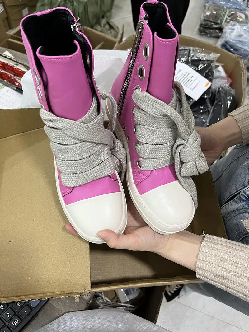 Hip hop trend Round Toe Top Board Sneakers Black Leather  Shoes Women Zip Ankle Lace Up Motorcycle Boots