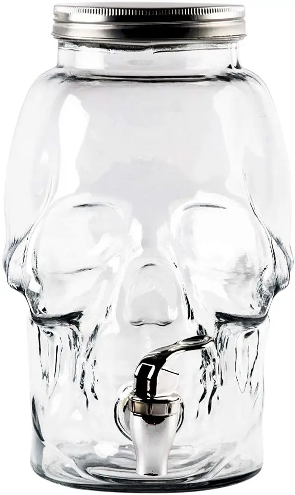 Skull Shape 4 L Glass Jar Mason Black Lid Beverage Dispenser With Black Tap Metal Stand