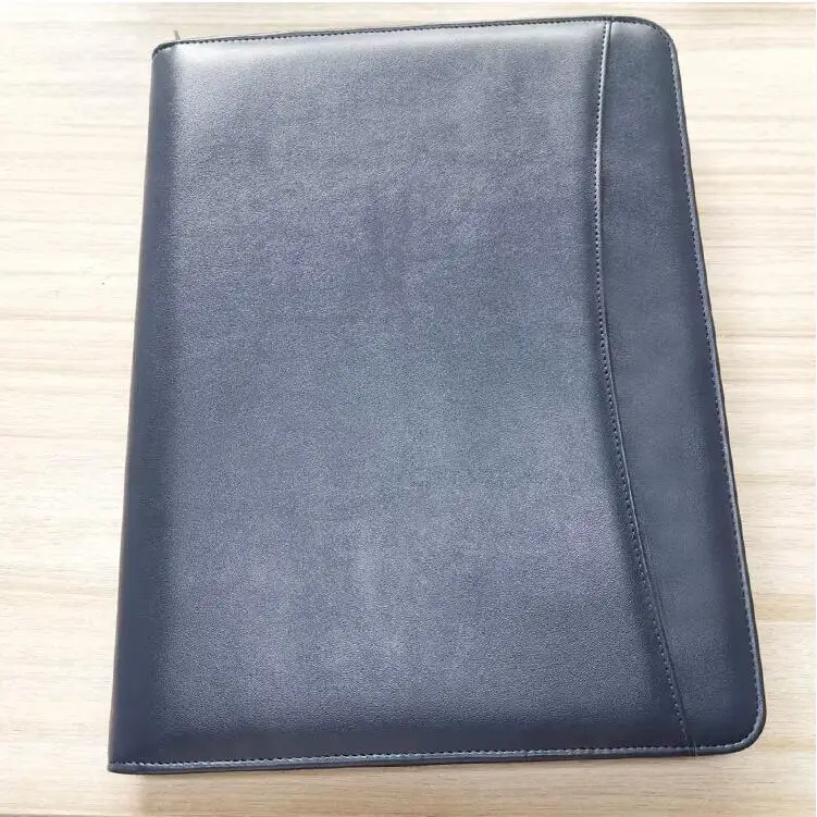Luxury PU Leather Planner zipper folder School Multi-function Office Conference Navy color A4 Business Folder with Calculator