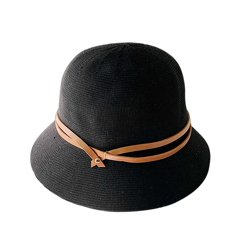 Wholesale Summer Mesh Hand-Woven Knit Sun Hat Women Fashion Korea Wide Brim UV Protection Dome Hollow out Bucket Hat with Belt
